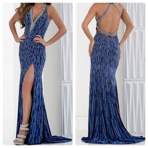 Beaded Long V-Neck Open Back Jasz Prom Dress